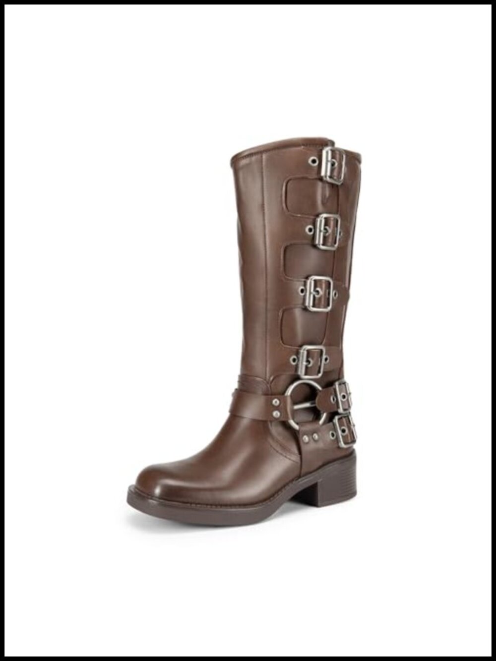 Women's Knee High Moto Boots Faux Leather Square Toe Block Heel Buckle